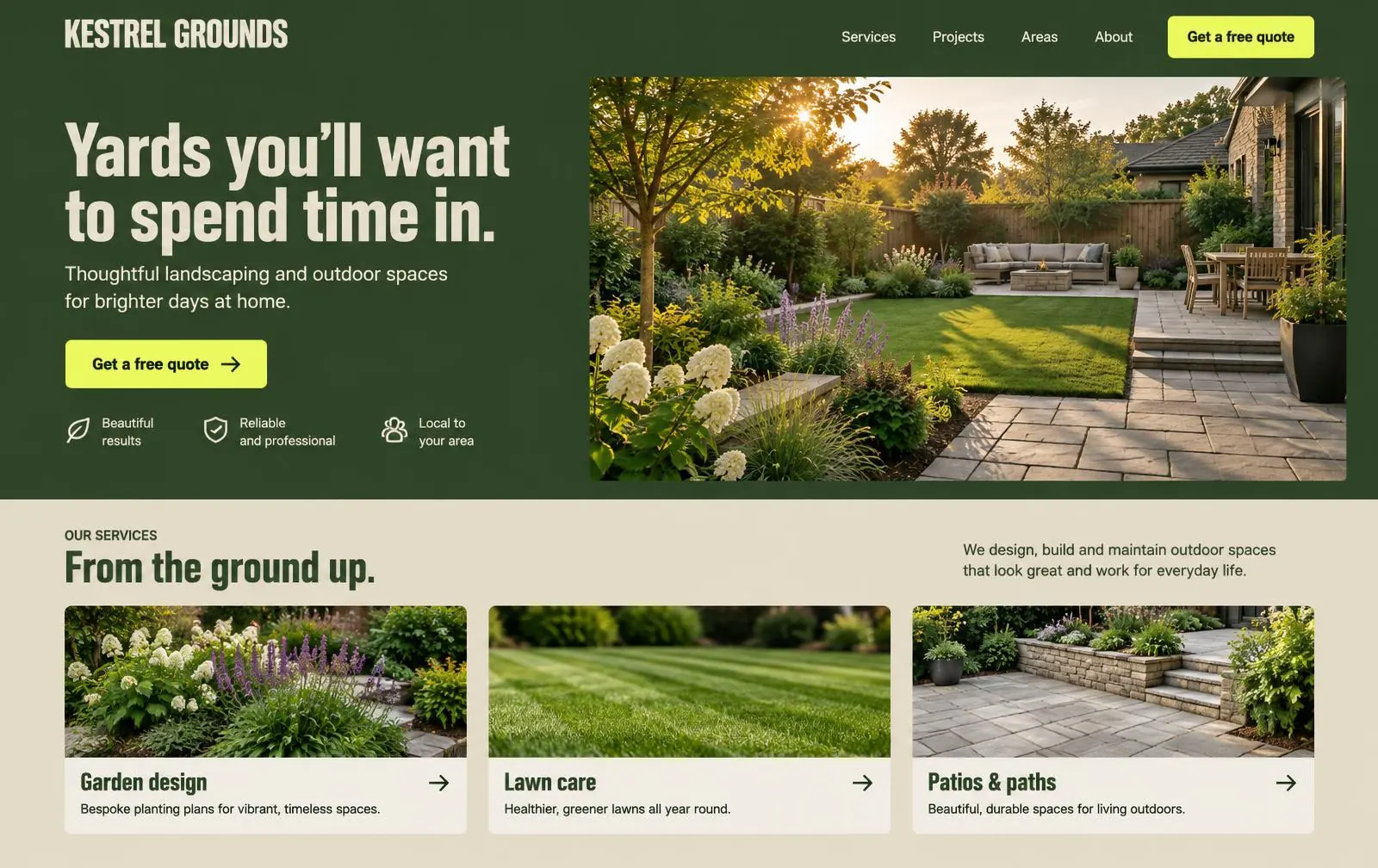 Kestrel Grounds concept website homepage