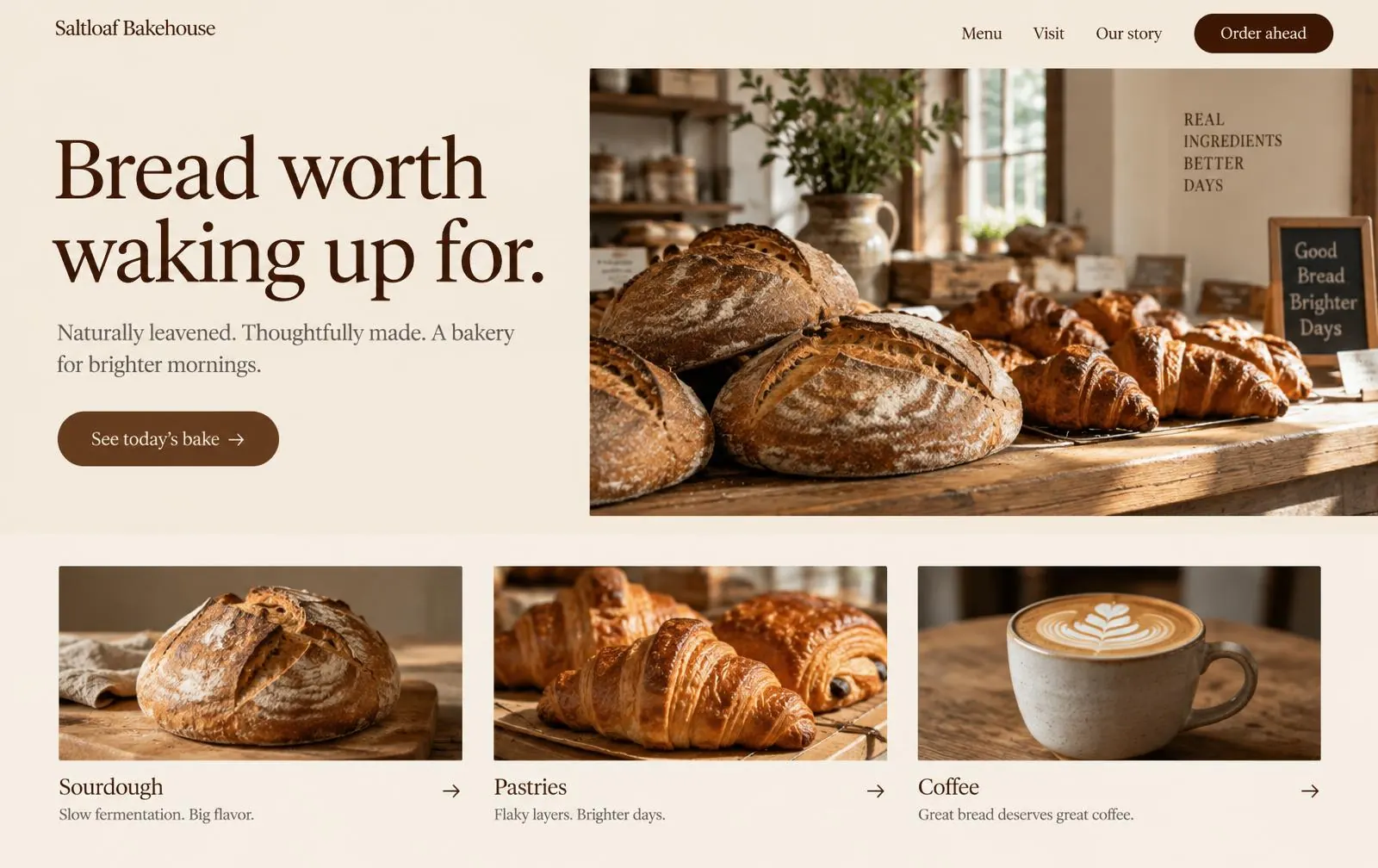 Saltloaf Bakehouse concept website shown on a laptop: headline “Bread worth waking up for.” beside a photo of sourdough loaves