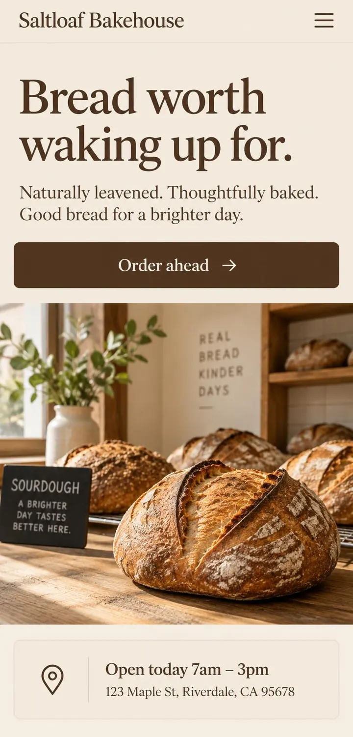 The same Saltloaf Bakehouse concept site on a phone, with an “Order ahead” button